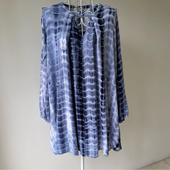 Umgee keyhole detail long sleeve top tunic tie dye print boho white blue SZ M - Picture 1 of 9